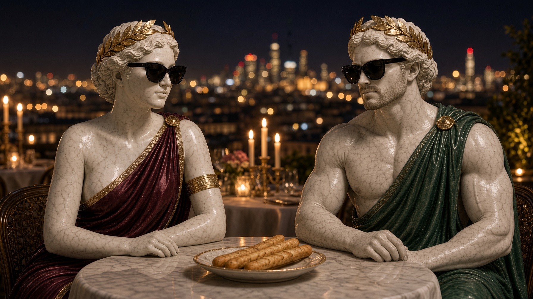 The two marble statues at a candlelit rooftop table, sunglasses still on