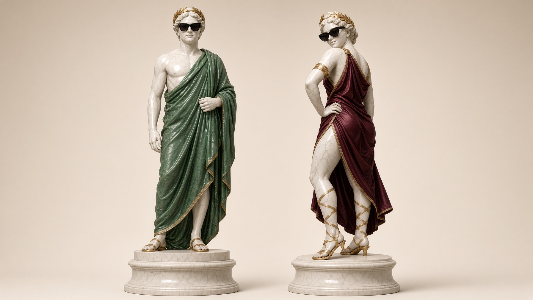 Two marble statues. He wears green and square sunglasses. She wears burgundy and cat-eye sunglasses.