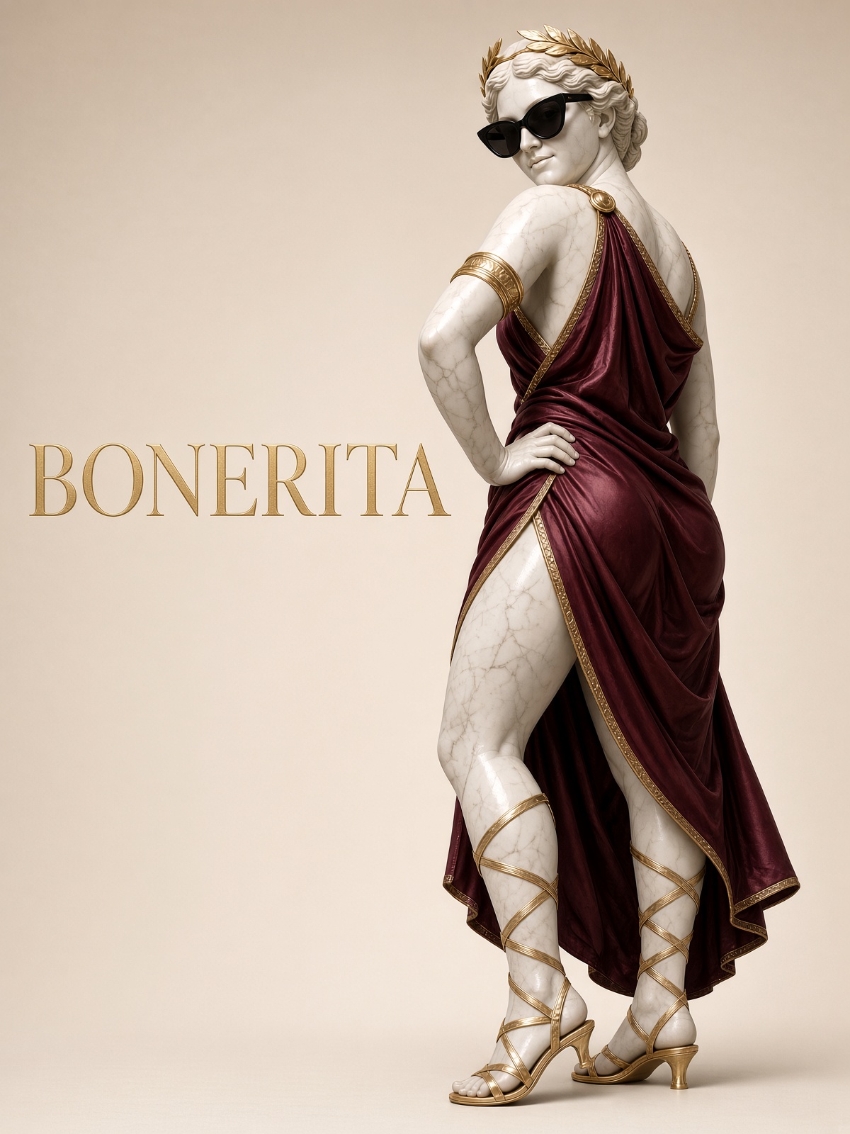 Polished marble goddess in a burgundy toga, cat-eye sunglasses, gold laurel, looking back over her shoulder